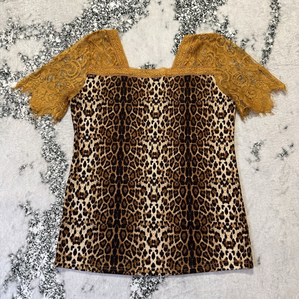 Pol Top Womens Size L Brown Multi Leopard Print Lace Upper Short Sleeve Blouse - Picture 2 of 7